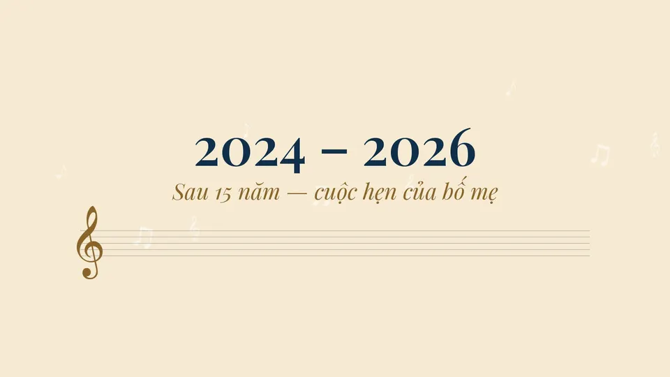 Thẻ chương 2024 – 2026 “Sau 15 năm — cuộc hẹn của bố mẹ” trên nền vàng ấm